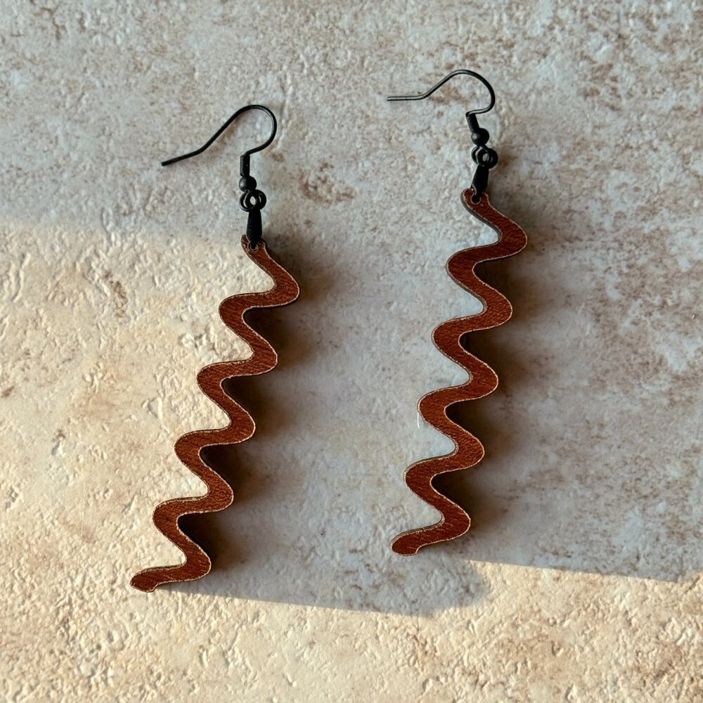 Wavy Wood Dangle Earrings | Black-Plated Hooks | Squiggle Statement Earrings